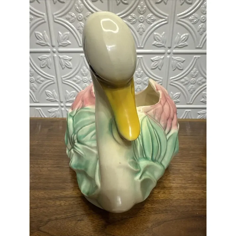 Vtg. Style Swan Ceramic Floral Colorful Large Planter Good Condition Great Color